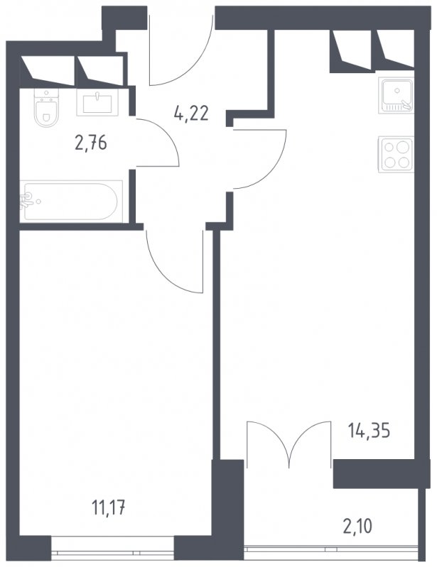 1-комнатная квартира с полной отделкой, 34.6 м2, 16 этаж, сдача 3 квартал 2024 г., ЖК Квартал Спутник, корпус 18 - объявление 1805833 - фото №1