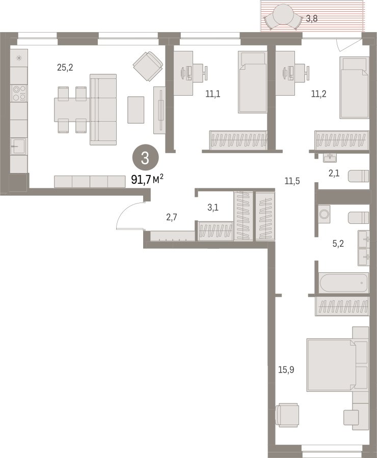 3-комнатная квартира с частичной отделкой, 91.7 м2, 6 этаж, сдача 1 квартал 2025 г., ЖК Первый квартал, корпус Дом 5 - объявление 2281501 - фото №1