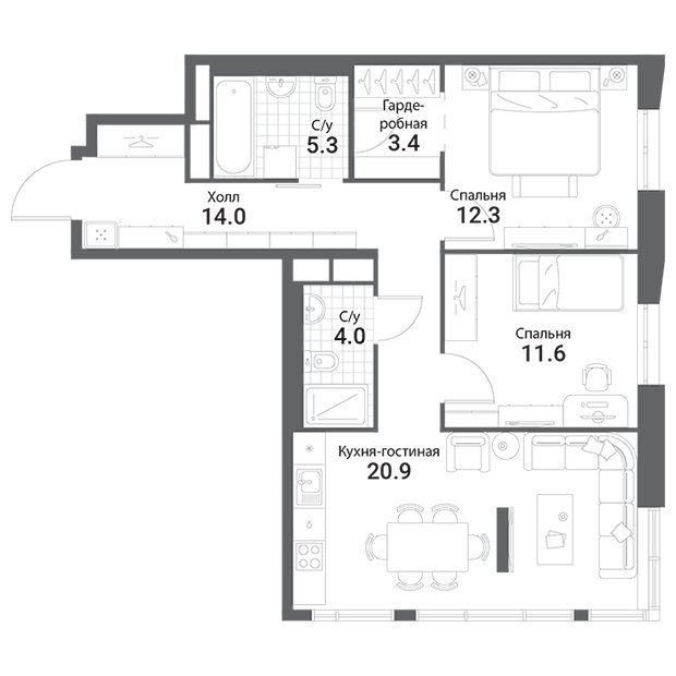 2-комнатная квартира без отделки, 71.5 м2, 17 этаж, дом сдан, ЖК Nagatino i-Land, корпус А1 - объявление 1954445 - фото №1
