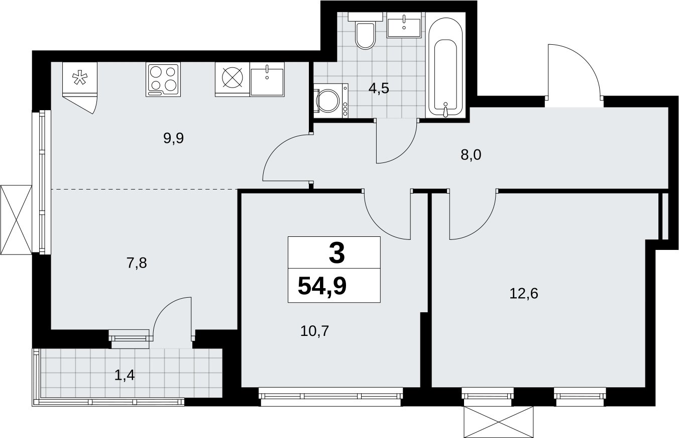 3-комнатная квартира (евро) без отделки, 54.9 м2, 3 этаж, сдача 2 квартал 2026 г., ЖК Дзен-кварталы, корпус 6.1.1 - объявление 2326947 - фото №1