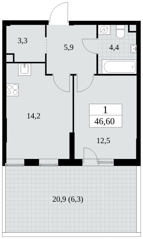 1-комнатная квартира с частичной отделкой, 46.6 м2, 2 этаж, сдача 2 квартал 2025 г., ЖК Южные сады, корпус 2.1 - объявление 2052287 - фото №1
