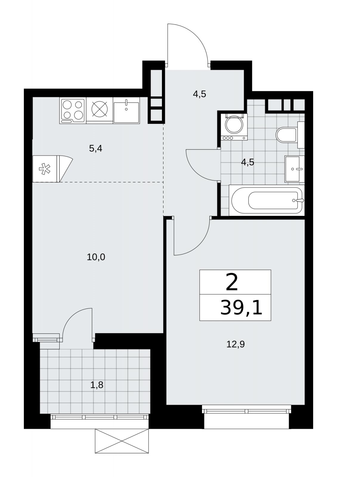 2-комнатная квартира (евро) без отделки, 39.1 м2, 14 этаж, сдача 4 квартал 2025 г., ЖК Бунинские кварталы, корпус 6.5 - объявление 2252848 - фото №1
