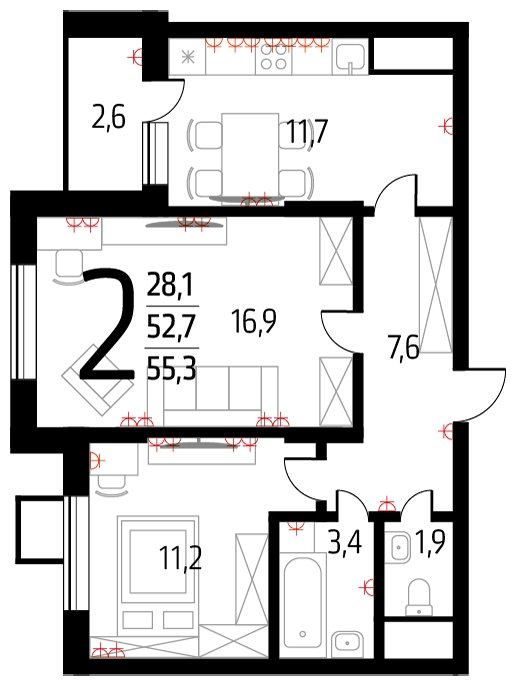 2-комнатная квартира с полной отделкой, 55.3 м2, 3 этаж, сдача 3 квартал 2023 г., ЖК Новые Ватутинки. Десна, корпус 15/3 - объявление 2199562 - фото №1