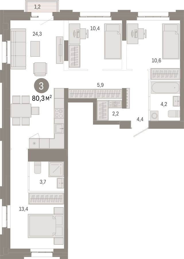3-комнатная квартира 80.3 м2, 5 этаж, сдача 3 квартал 2026 г., ЖК Квартал Метроном, корпус 1 - объявление 2310823 - фото №1