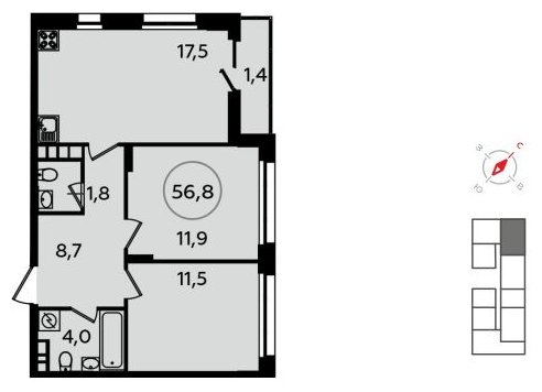 2-комнатная квартира с полной отделкой, 56.8 м2, 15 этаж, сдача 2 квартал 2022 г., ЖК Скандинавия, корпус 13.2 - объявление 1412277 - фото №1