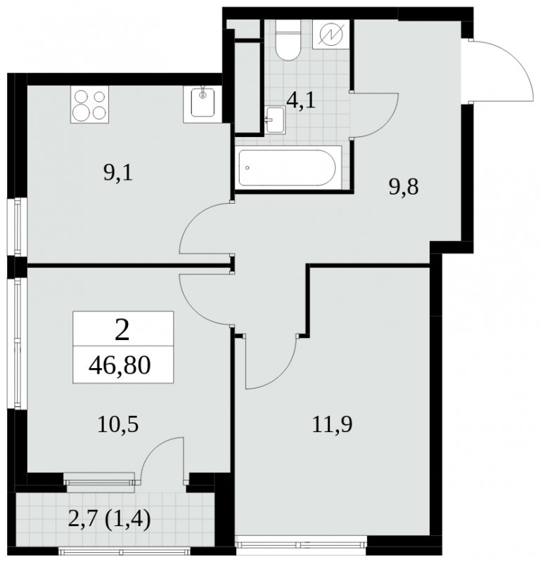 2-комнатная квартира без отделки, 46.8 м2, 18 этаж, сдача 2 квартал 2025 г., ЖК Южные сады, корпус 2.3 - объявление 1758366 - фото №1