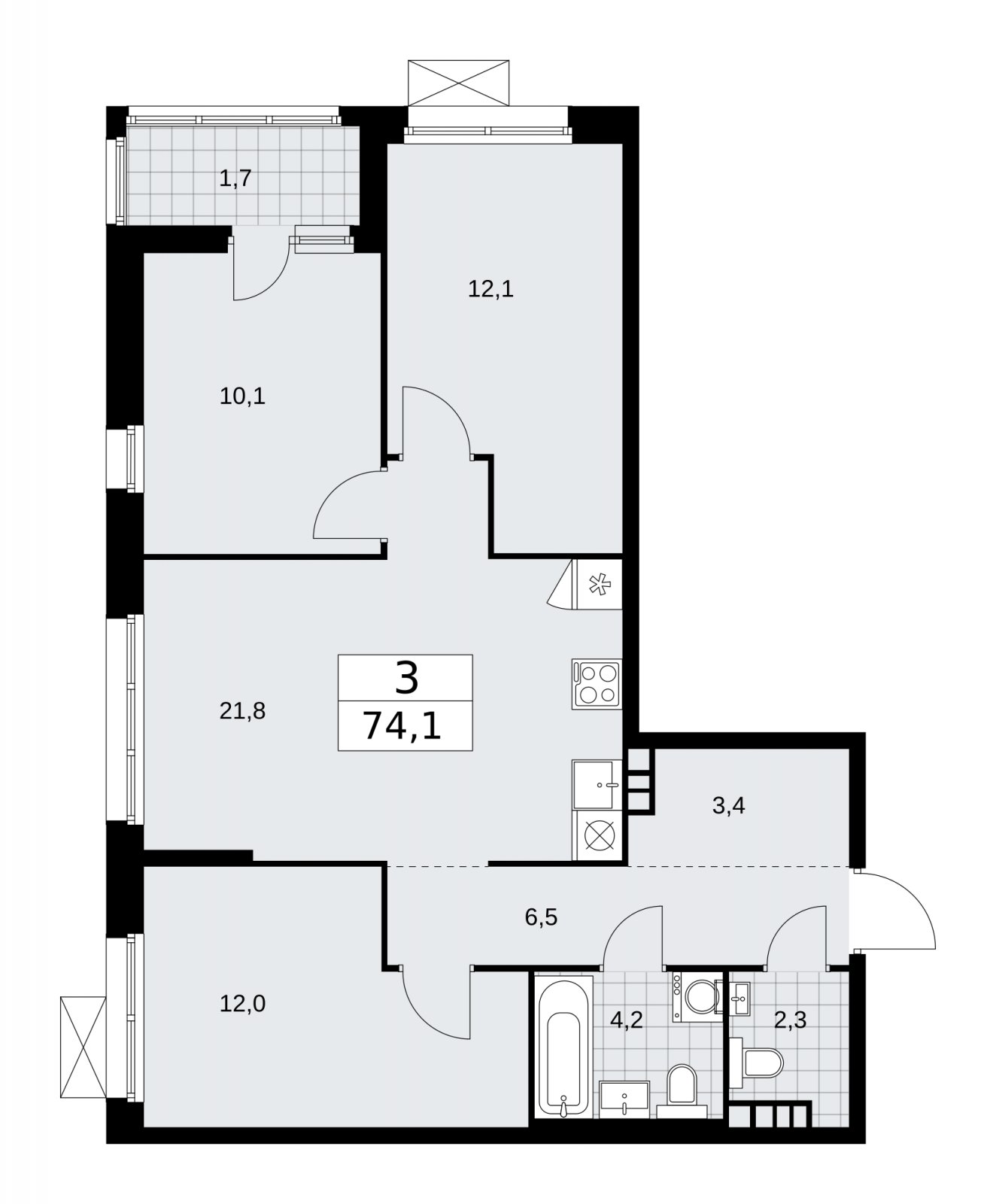 3-комнатная квартира без отделки, 74.1 м2, 4 этаж, сдача 1 квартал 2026 г., ЖК Дзен-кварталы, корпус 4.3 - объявление 2251700 - фото №1