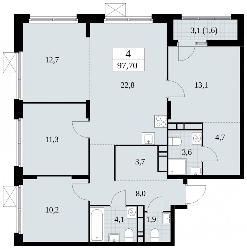 4-комнатная квартира без отделки, 97.7 м2, 11 этаж, сдача 4 квартал 2024 г., ЖК Скандинавия, корпус 2.27.5 - объявление 1840823 - фото №1