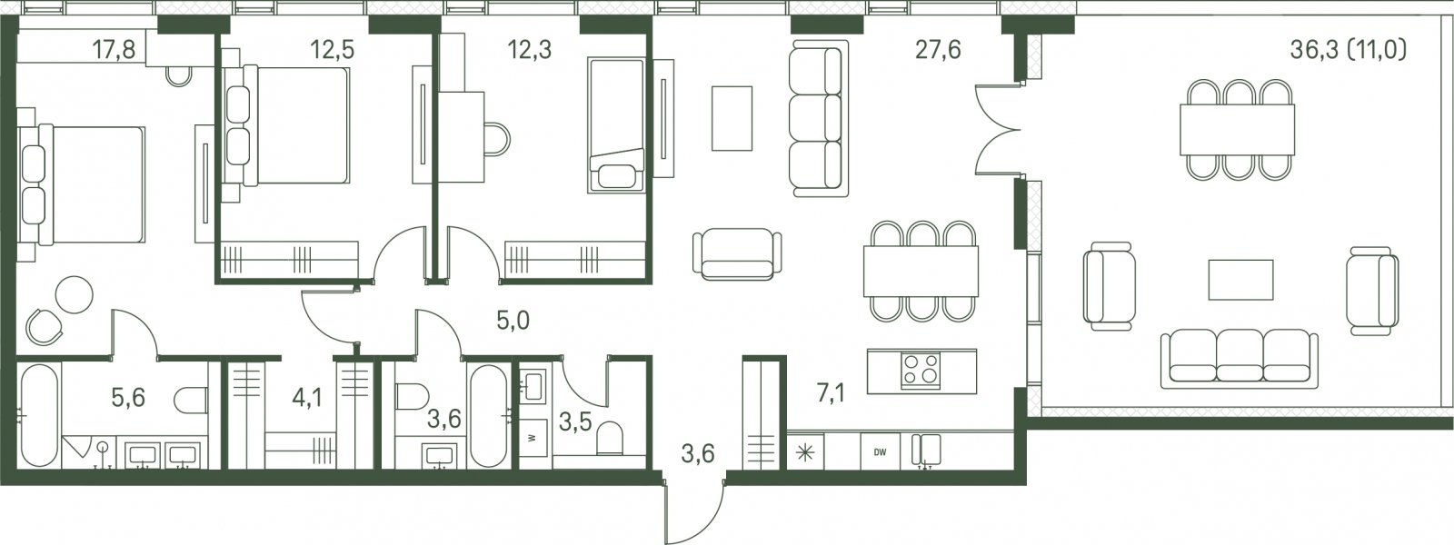 4-комнатная квартира с частичной отделкой, 113.7 м2, 30 этаж, сдача 1 квартал 2027 г., ЖК Moments, корпус 2.1 - объявление 2345998 - фото №1