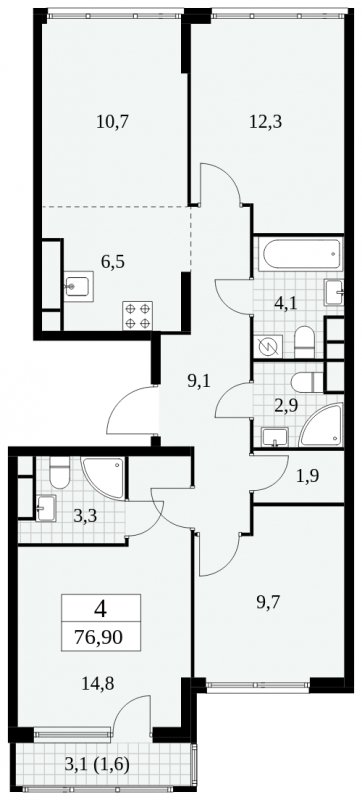4-комнатная квартира (евро) без отделки, 76.9 м2, 28 этаж, сдача 2 квартал 2025 г., ЖК Южные сады, корпус 2.4 - объявление 1760527 - фото №1
