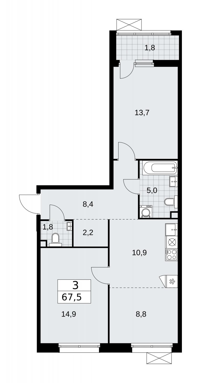 3-комнатная квартира (евро) без отделки, 67.5 м2, 2 этаж, сдача 1 квартал 2026 г., ЖК Дзен-кварталы, корпус 4.3 - объявление 2251693 - фото №1