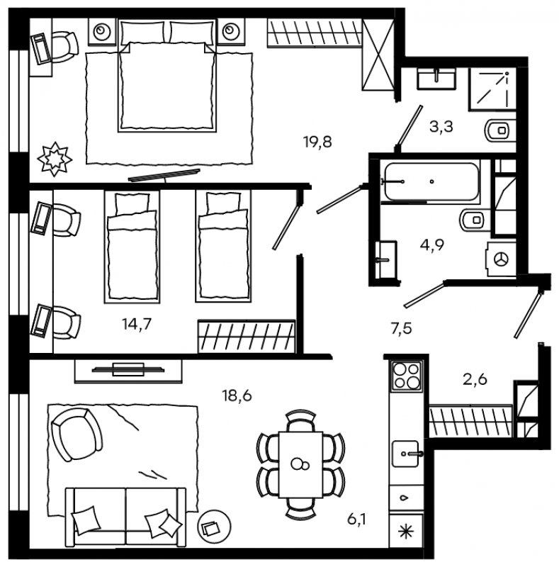 3-комнатные апартаменты с частичной отделкой, 77.5 м2, 11 этаж, дом сдан, ЖК Level Донской, корпус 2 - объявление 1586691 - фото №1