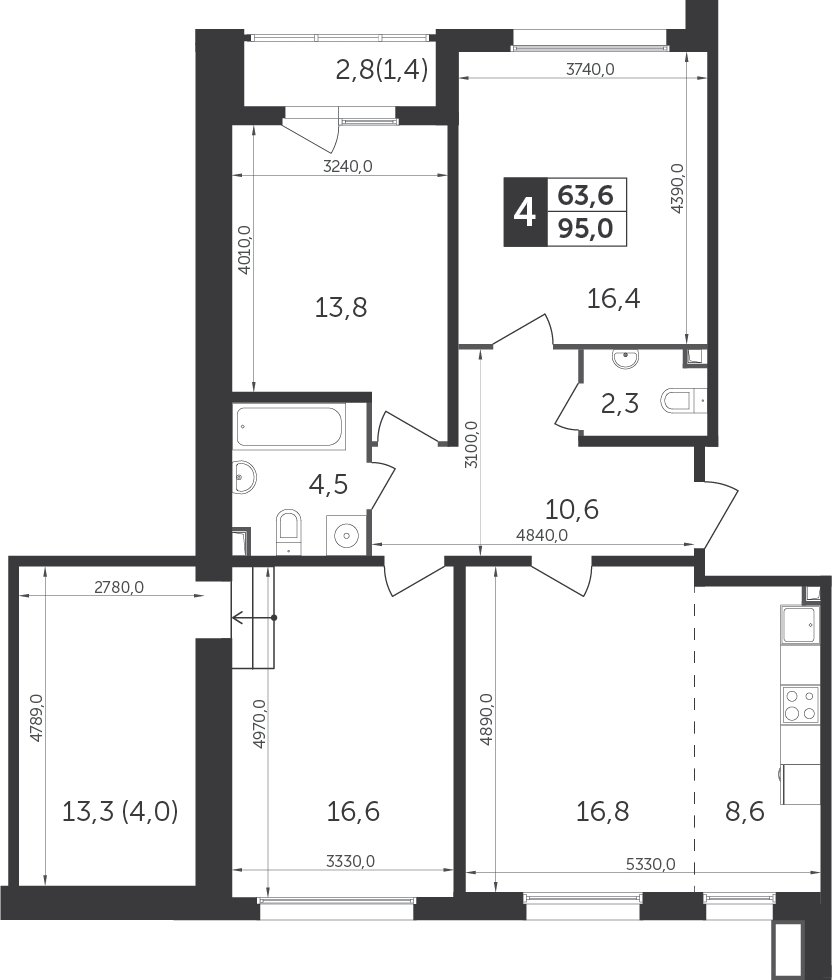 4-комнатная квартира с частичной отделкой, 94.9 м2, 12 этаж, дом сдан, ЖК Датский квартал, корпус 1 - объявление 2296376 - фото №1