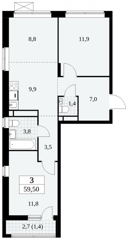 3-комнатная квартира (евро) с полной отделкой, 59.5 м2, 13 этаж, сдача 3 квартал 2024 г., ЖК Прокшино, корпус 6.5 - объявление 1663286 - фото №1