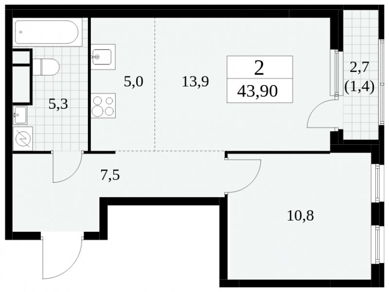 2-комнатная квартира (евро) без отделки, 43.9 м2, 17 этаж, сдача 2 квартал 2025 г., ЖК Южные сады, корпус 2.3 - объявление 1758221 - фото №1