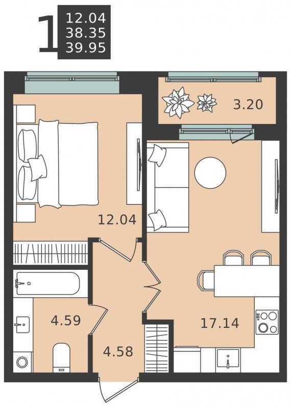 1-комнатная квартира без отделки, 39.95 м2, 1 этаж, сдача 1 квартал 2024 г., ЖК Мишино-2, корпус 6 - объявление 1949070 - фото №1