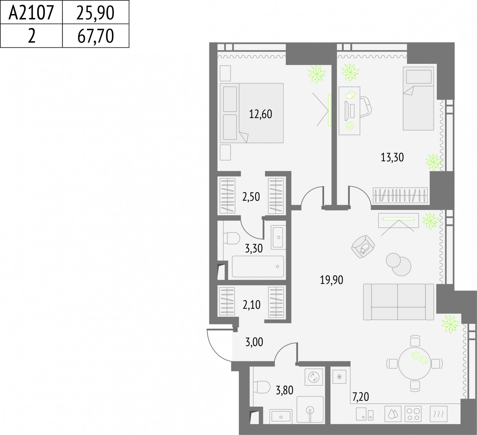 2-комнатная квартира без отделки, 67.7 м2, 22 этаж, сдача 2 квартал 2026 г., ЖК Upside Towers, корпус 1 - объявление 2133205 - фото №1