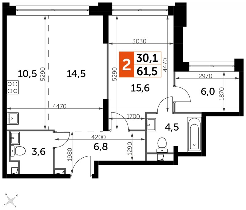 2-комнатная квартира без отделки, 61.5 м2, 37 этаж, сдача 1 квартал 2023 г., ЖК Sydney City, корпус 3 - объявление 1569059 - фото №1