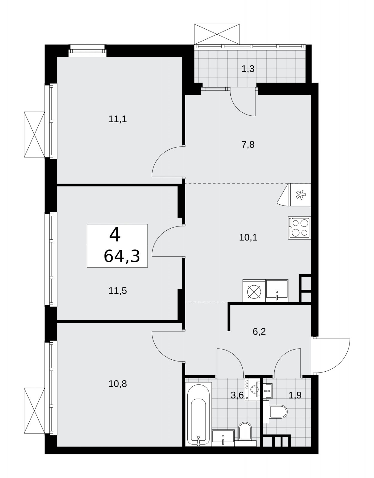 4-комнатная квартира (евро) без отделки, 64.3 м2, 6 этаж, сдача 1 квартал 2026 г., ЖК Деснаречье, корпус 4.2 - объявление 2263739 - фото №1