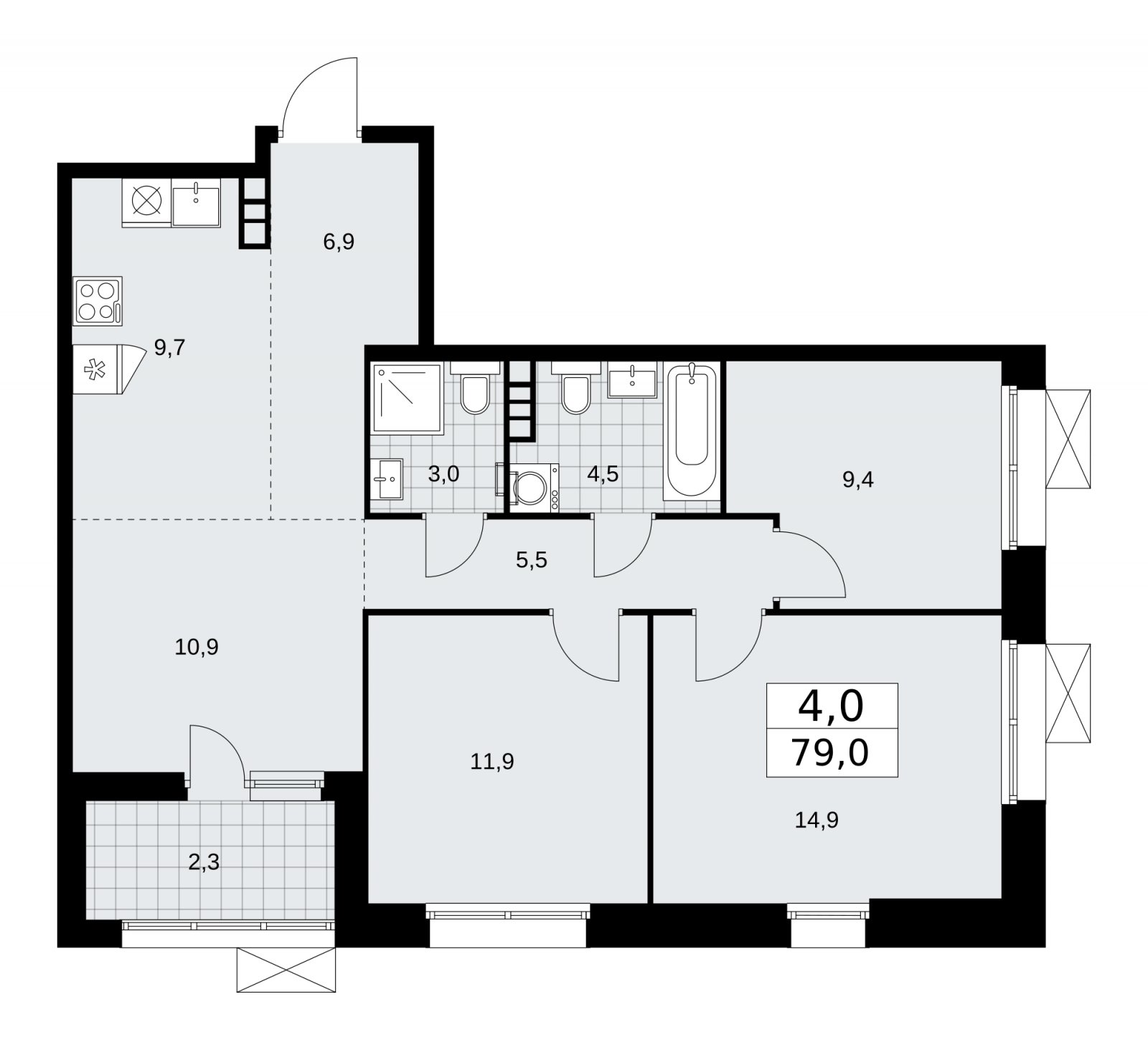4-комнатная квартира (евро) с частичной отделкой, 79 м2, 6 этаж, сдача 1 квартал 2026 г., ЖК Бунинские кварталы, корпус 6.1 - объявление 2252386 - фото №1