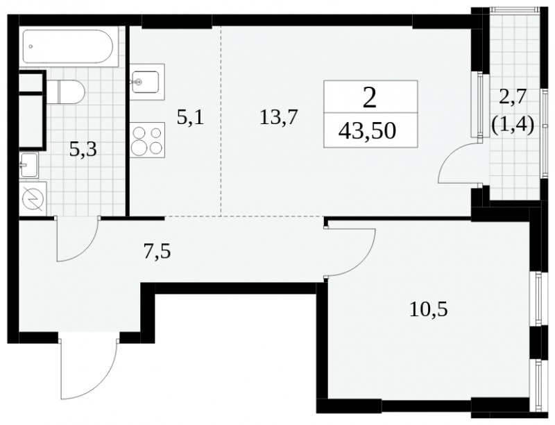 2-комнатная квартира (евро) без отделки, 43.5 м2, 8 этаж, сдача 2 квартал 2025 г., ЖК Южные сады, корпус 2.3 - объявление 1758157 - фото №1