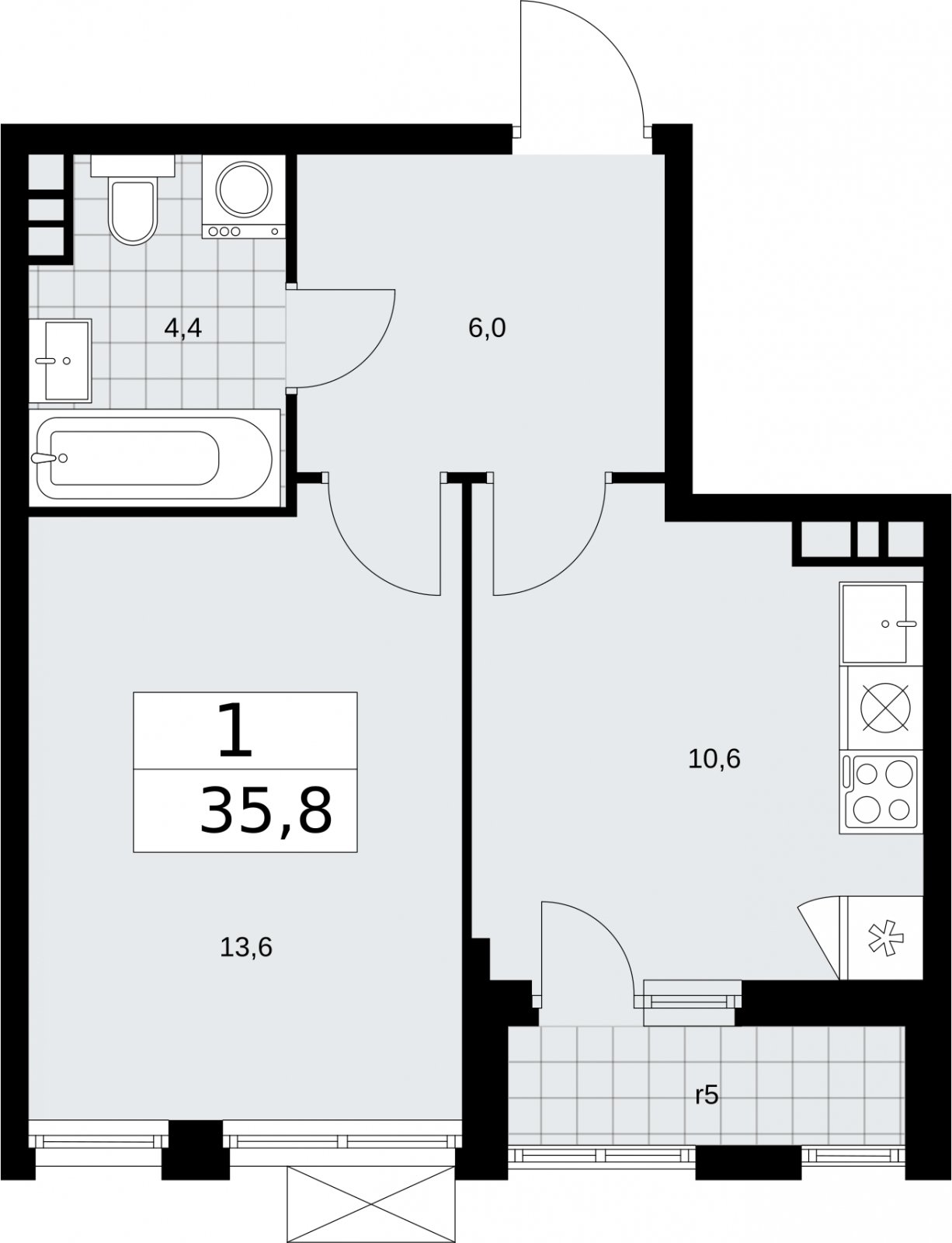 1-комнатная квартира без отделки, 35.8 м2, 5 этаж, сдача 2 квартал 2026 г., ЖК Бунинские кварталы, корпус 5.4 - объявление 2297876 - фото №1