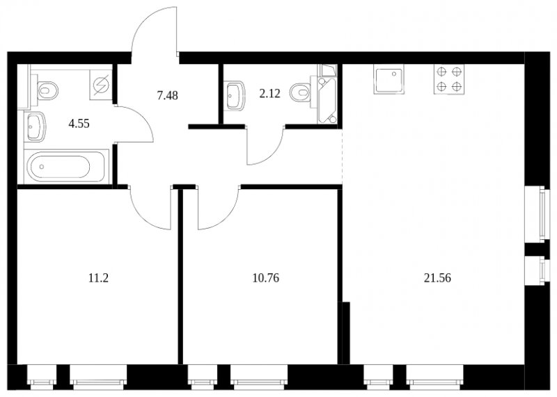 2-комнатная квартира без отделки, 57.67 м2, 4 этаж, сдача 4 квартал 2022 г., ЖК Green Park, корпус 7 - объявление 1345797 - фото №1