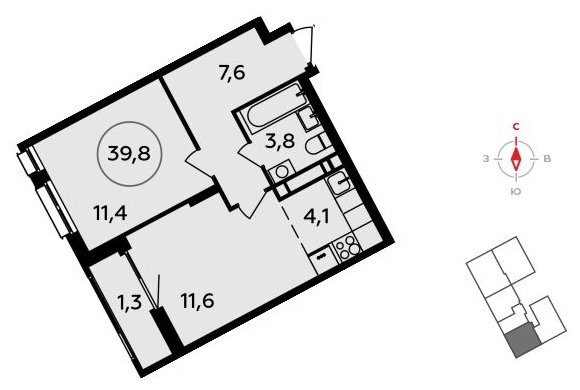 2-комнатная квартира (евро) без отделки, 39.8 м2, 13 этаж, сдача 3 квартал 2023 г., ЖК Прокшино, корпус 4.4 - объявление 1498294 - фото №1