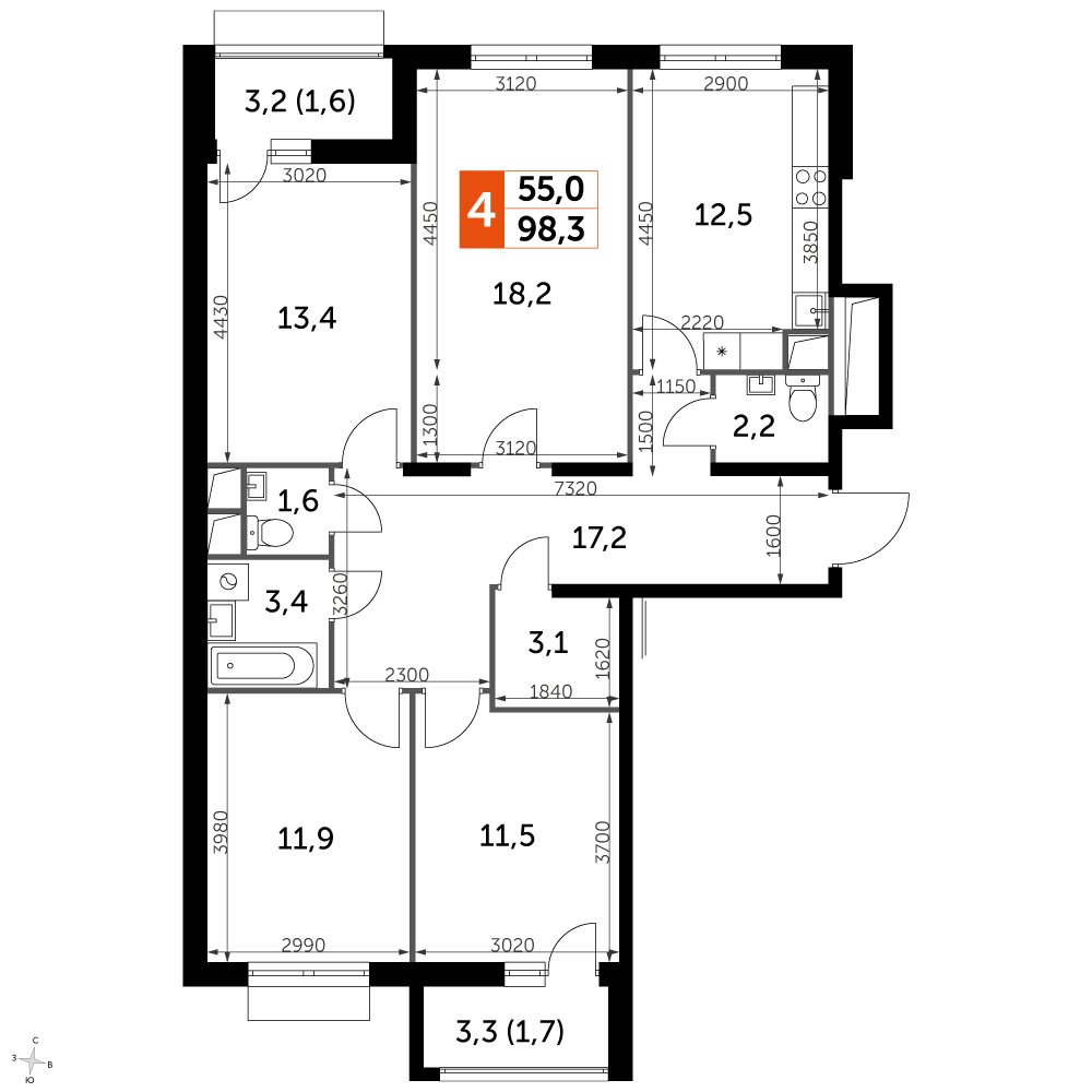 4-комнатная квартира с частичной отделкой, 99.8 м2, 15 этаж, дом сдан, ЖК UP-квартал Римский, корпус 7 - объявление 2359931 - фото №1