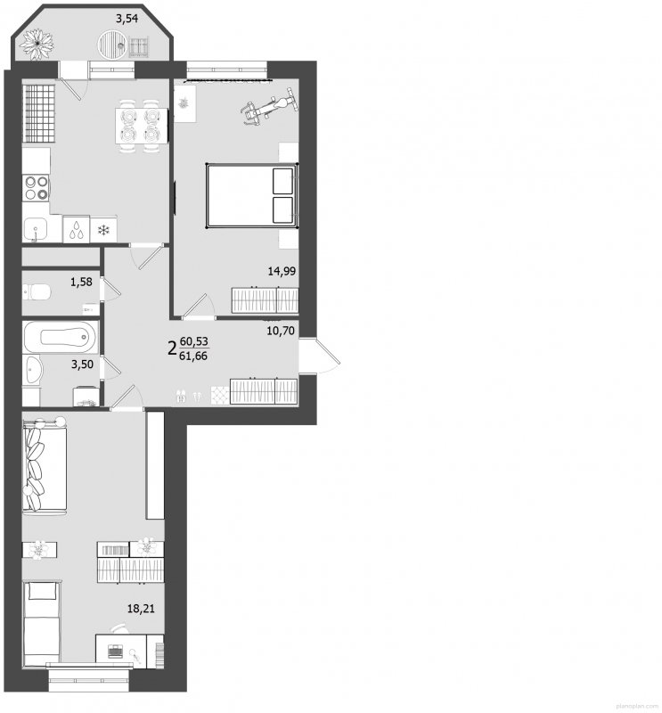 2-комнатная квартира без отделки, 61.66 м2, 2 этаж, дом сдан, ЖК Олимп, корпус 22 - объявление 1303514 - фото №1