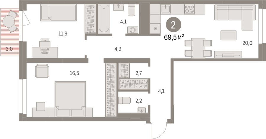 2-комнатная квартира с частичной отделкой, 69.5 м2, 4 этаж, сдача 1 квартал 2025 г., ЖК Первый квартал, корпус Дом 5 - объявление 2335034 - фото №1