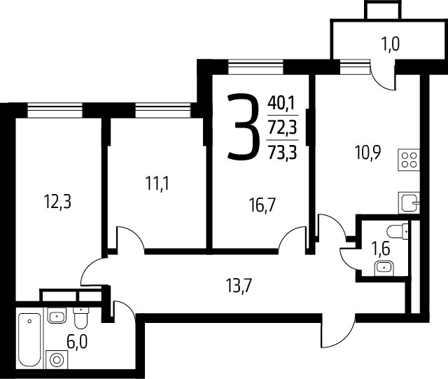 3-комнатная квартира без отделки, 73.3 м2, 2 этаж, сдача 1 квартал 2025 г., ЖК Новые Ватутинки. Заречный, корпус 5/3 - объявление 2272142 - фото №1