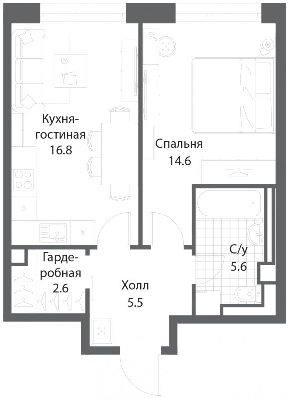 1-комнатная квартира без отделки, 45.1 м2, 3 этаж, сдача 3 квартал 2025 г., ЖК Nagatino i-Land, корпус 2 (3 очередь) - объявление 1789287 - фото №1