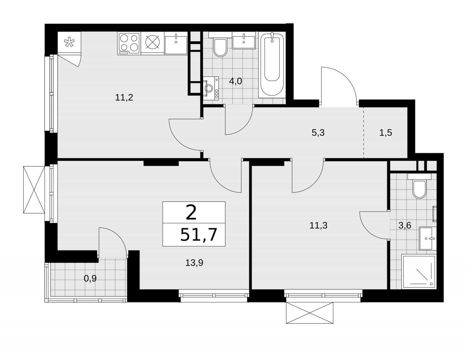 2-комнатная квартира с полной отделкой, 51.7 м2, 11 этаж, сдача 2 квартал 2026 г., ЖК Деснаречье, корпус 4.8 - объявление 2265052 - фото №1