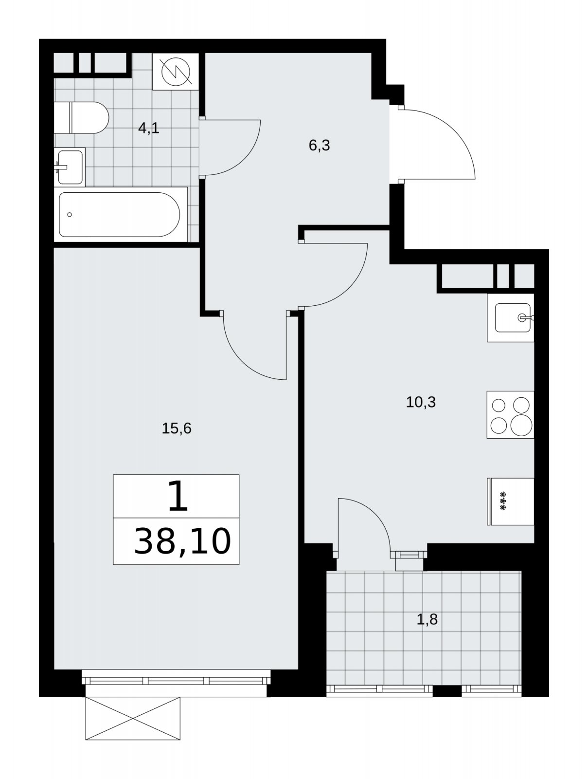 1-комнатная квартира с частичной отделкой, 38.1 м2, 10 этаж, сдача 4 квартал 2025 г., ЖК Бунинские кварталы, корпус 3.5 - объявление 2152199 - фото №1