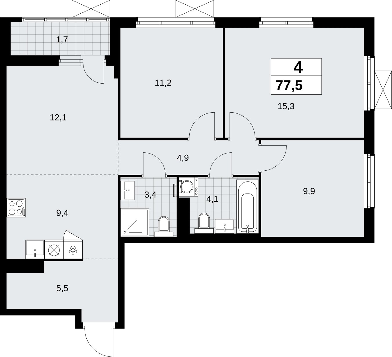 4-комнатная квартира (евро) без отделки, 77.5 м2, 10 этаж, сдача 2 квартал 2026 г., ЖК Дзен-кварталы, корпус 6.1.2 - объявление 2327294 - фото №1