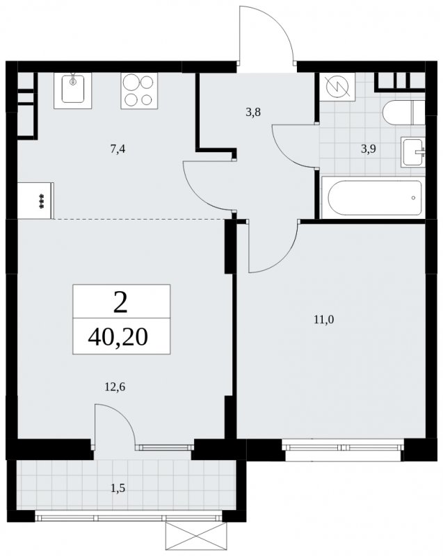 2-комнатная квартира (евро) без отделки, 40.2 м2, 7 этаж, сдача 2 квартал 2025 г., ЖК Дзен-кварталы, корпус 2.4 - объявление 1932766 - фото №1