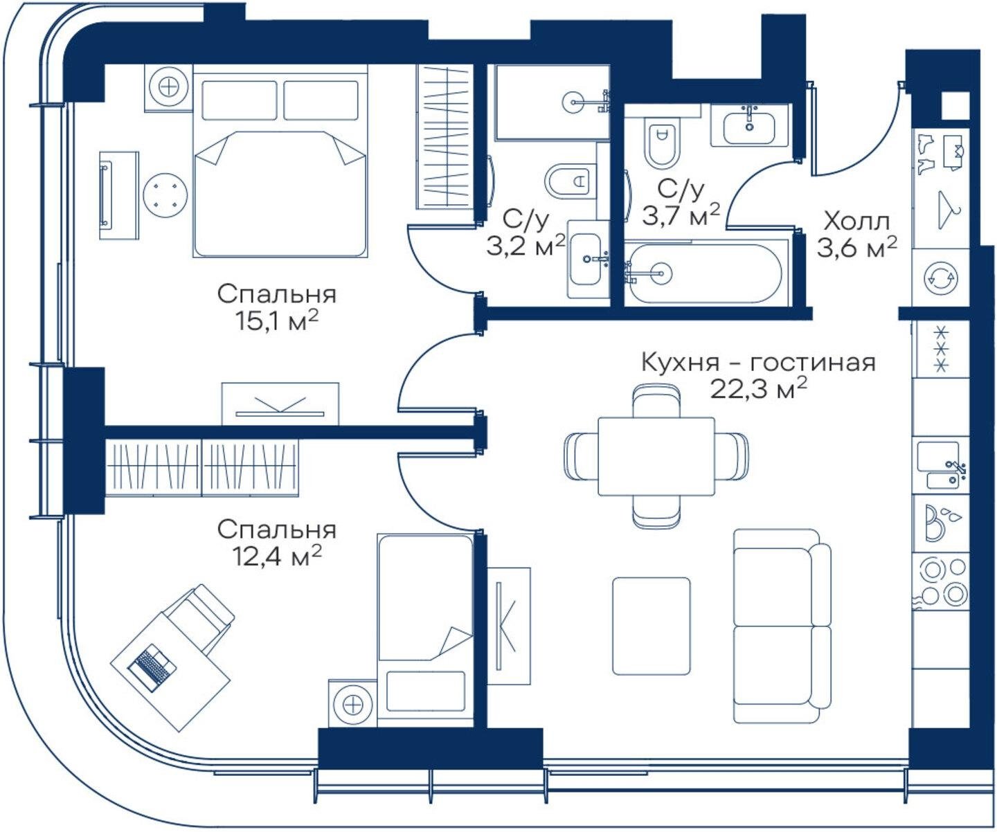 2-комнатная квартира с частичной отделкой, 60.3 м2, 13 этаж, сдача 3 квартал 2025 г., ЖК City Bay, корпус Atlantic Ocean 3 - объявление 2231604 - фото №1