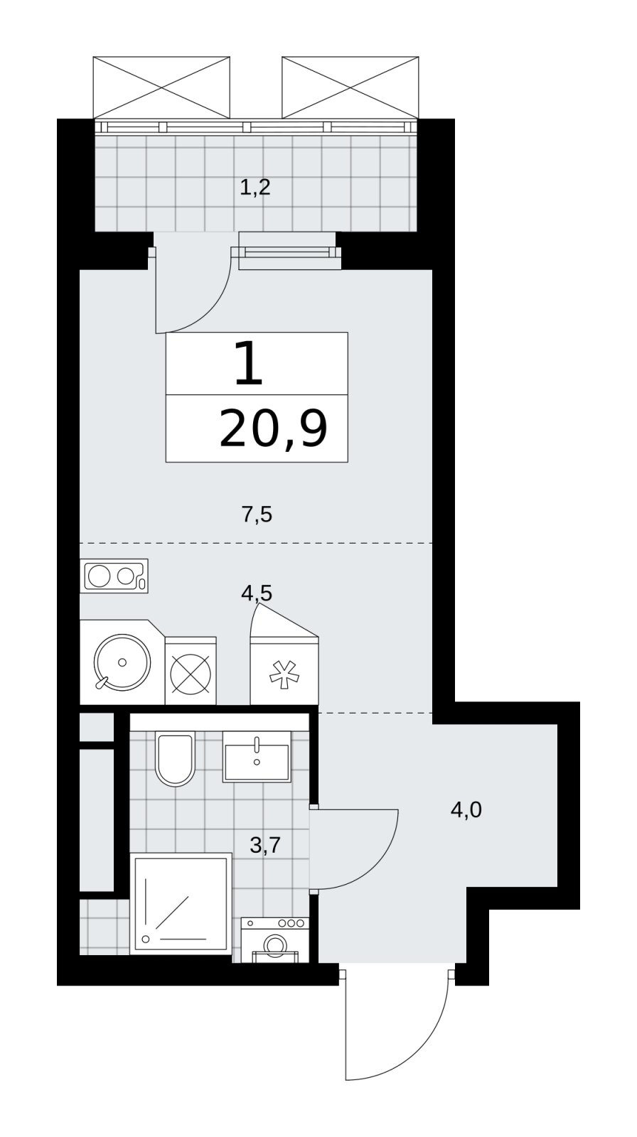 Студия с частичной отделкой, 20.9 м2, 9 этаж, сдача 2 квартал 2026 г., ЖК Прокшино, корпус 11.2.3 - объявление 2270453 - фото №1