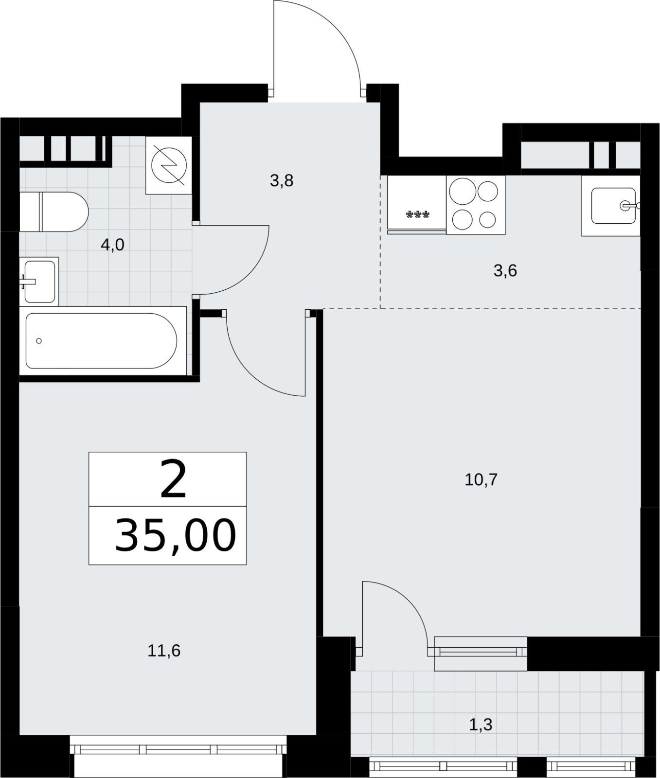 2-комнатная квартира (евро) без отделки, 35 м2, 7 этаж, сдача 3 квартал 2026 г., ЖК Родные кварталы, корпус 3.4 - объявление 2378679 - фото №1