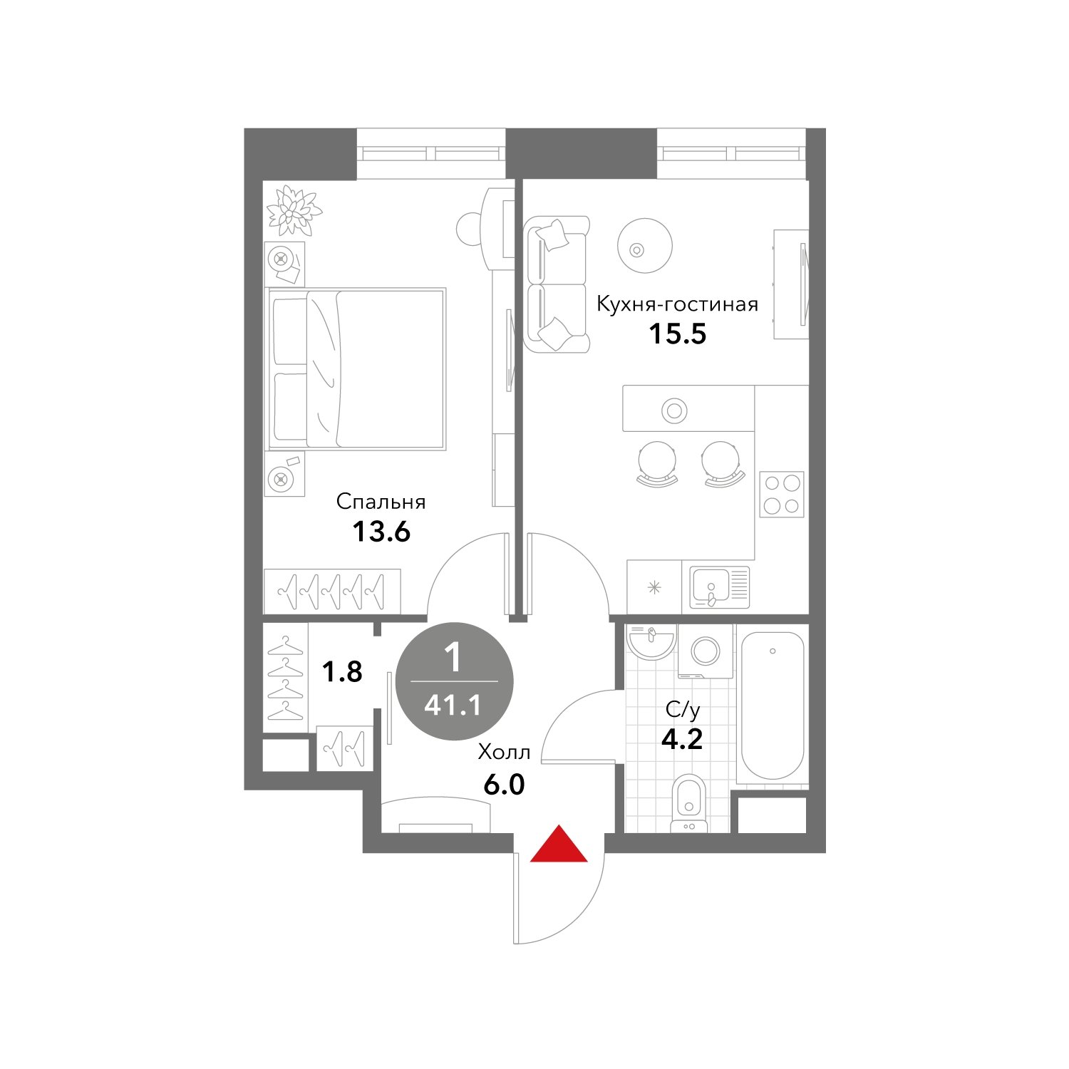 1-комнатные апартаменты без отделки, 41.1 м2, 12 этаж, сдача 3 квартал 2025 г., ЖК VOXHALL, корпус 4 - объявление 1999833 - фото №1