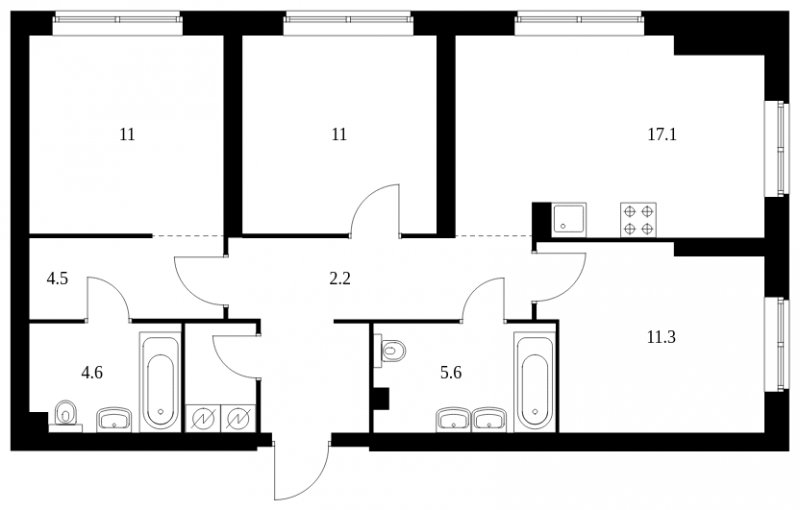 3-комнатная квартира с частичной отделкой, 77.8 м2, 2 этаж, сдача 2 квартал 2023 г., ЖК Руставели 14, корпус 1.1 - объявление 1406916 - фото №1