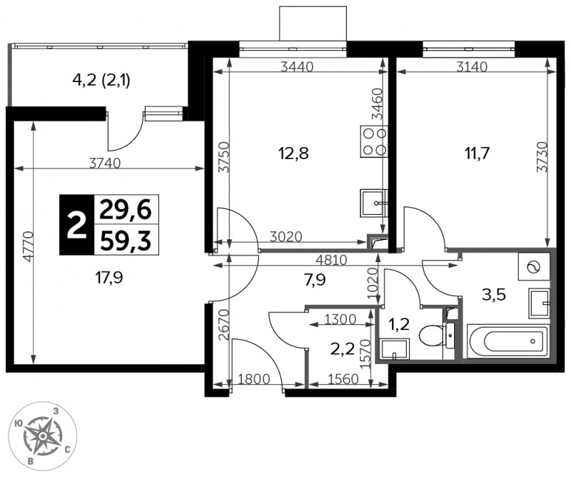 2-комнатная квартира с частичной отделкой, 59.3 м2, 20 этаж, сдача 3 квартал 2023 г., ЖК Южная Битца, корпус 12 - объявление 1684762 - фото №1