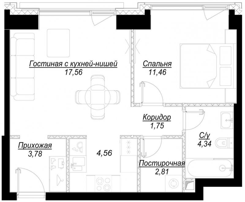 1-комнатная квартира с частичной отделкой, 46.3 м2, 20 этаж, сдача 1 квартал 2023 г., ЖК Hide, корпус RiverSide - объявление 1756844 - фото №1