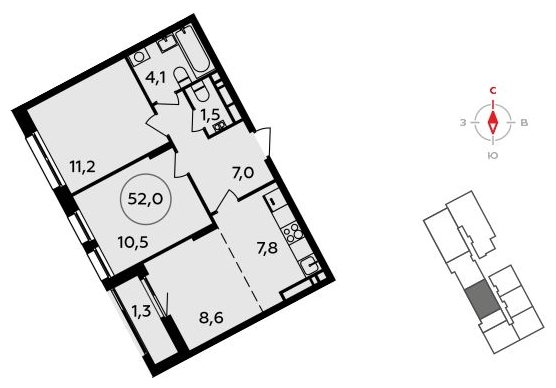 3-комнатная квартира (евро) без отделки, 52 м2, 17 этаж, сдача 3 квартал 2023 г., ЖК Прокшино, корпус 4.3 - объявление 1498231 - фото №1