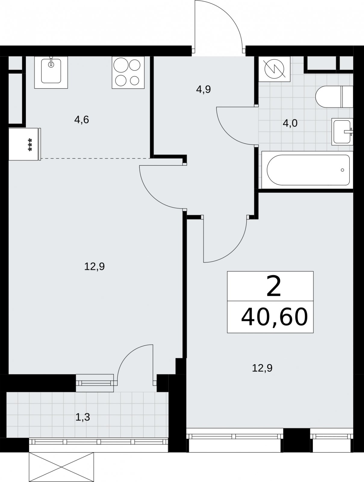 2-комнатная квартира (евро) без отделки, 40.6 м2, 4 этаж, сдача 3 квартал 2026 г., ЖК Родные кварталы, корпус 2 - объявление 2295532 - фото №1