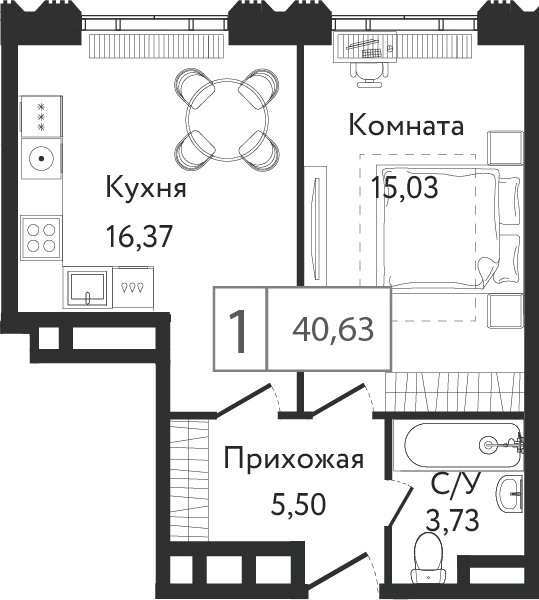 1-комнатная квартира без отделки, 40.63 м2, 6 этаж, сдача 3 квартал 2023 г., ЖК Dream Towers, корпус 3 - объявление 2261182 - фото №1