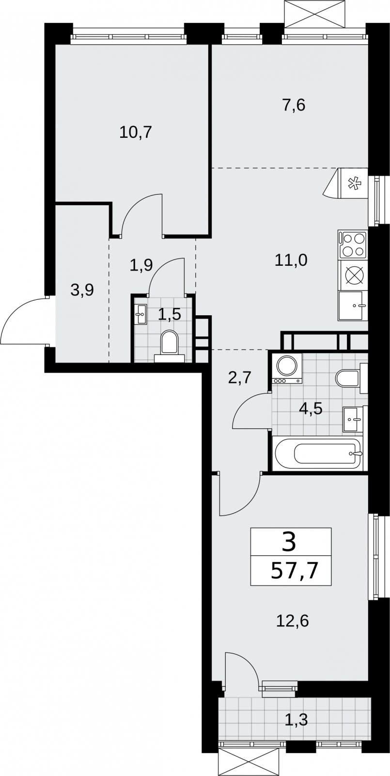 3-комнатная квартира (евро) без отделки, 57.7 м2, 12 этаж, сдача 2 квартал 2026 г., ЖК Бунинские кварталы, корпус 5.4 - объявление 2297721 - фото №1