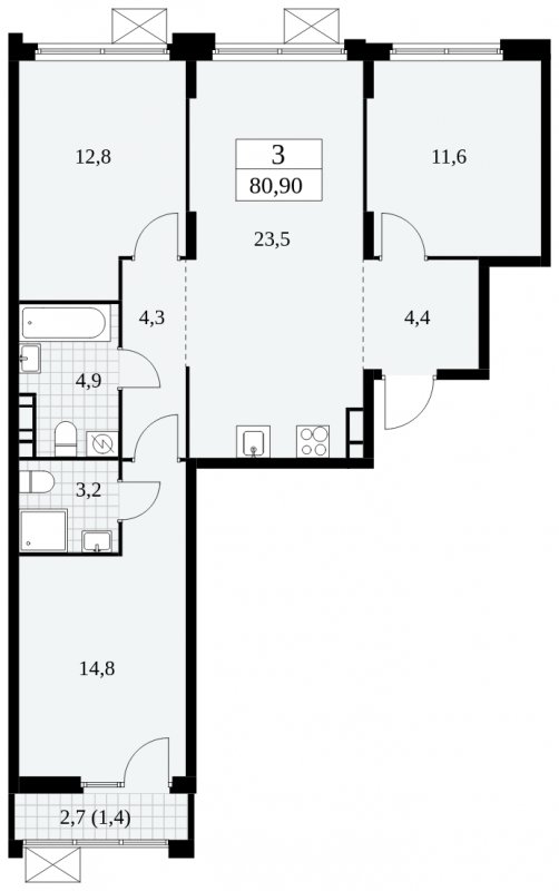 3-комнатная квартира без отделки, 80.9 м2, 5 этаж, сдача 4 квартал 2024 г., ЖК Скандинавия, корпус 2.27.3 - объявление 1840522 - фото №1