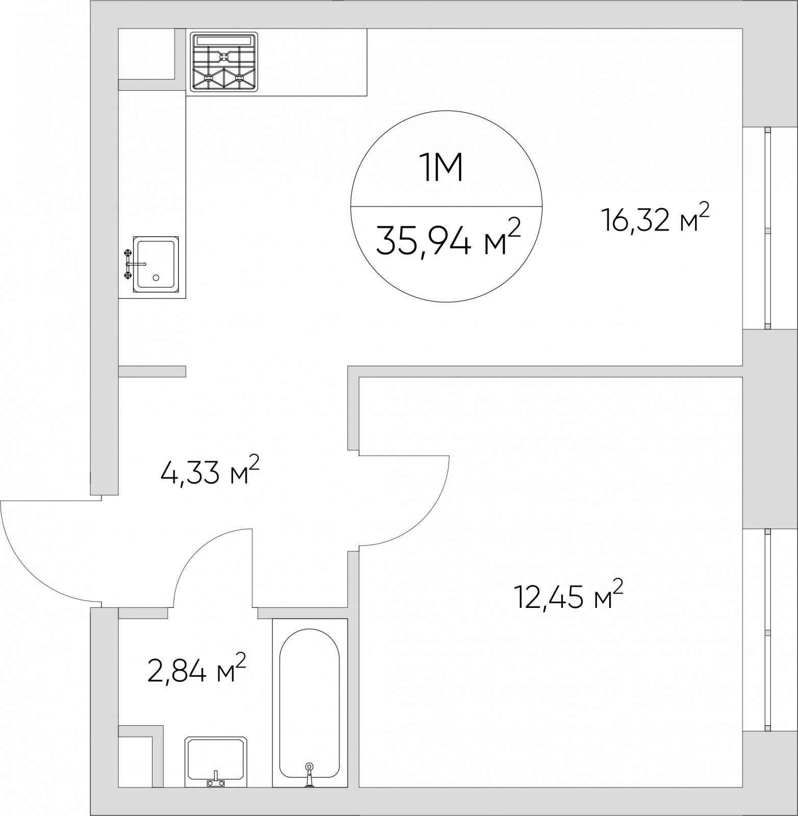 1-комнатные апартаменты без отделки, 35.94 м2, 14 этаж, сдача 1 квартал 2024 г., ЖК N'ICE LOFT, корпус 1 - объявление 2315174 - фото №1